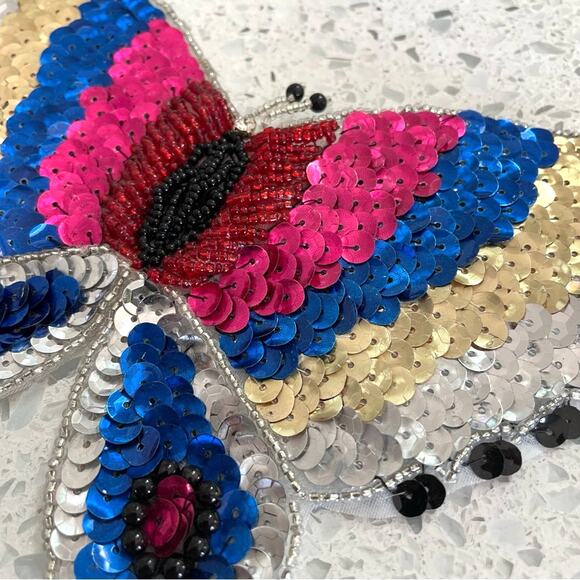 Vintage Butterfly Sequin Patch Large Light Blue Turquoise & Dark Blue - Picture 7 of 7